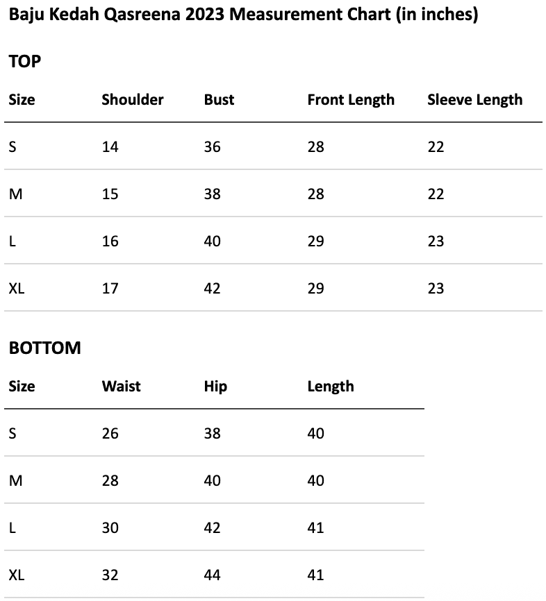 Size chart for Baju Kedah Qasreena (Rose Meadow)