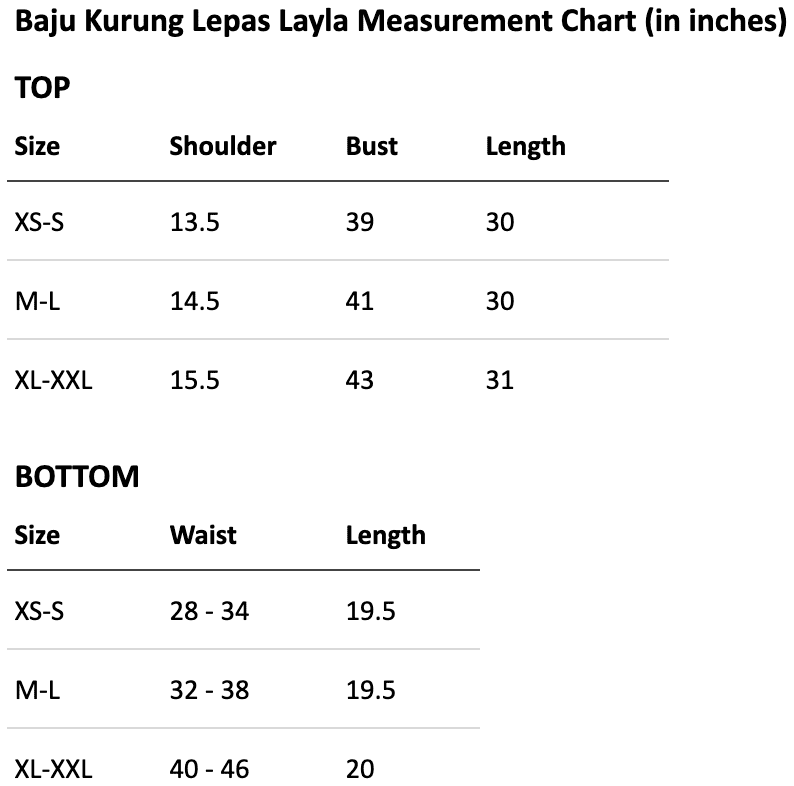 Size chart for Baju Kurung Lepas Layla