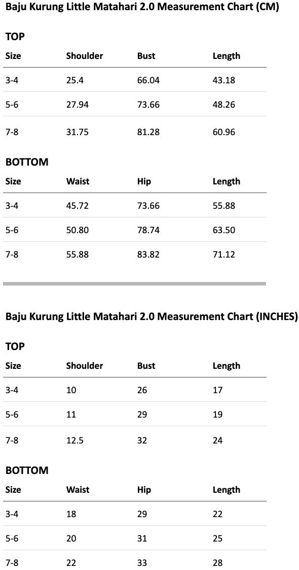 Size chart for Little Matahari 2.0 Kurung Gingham for Kids