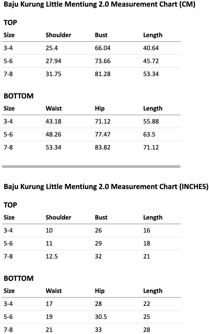 Size chart for Little Mentiung 2.0 Fully Embroidered Kurung for Kids