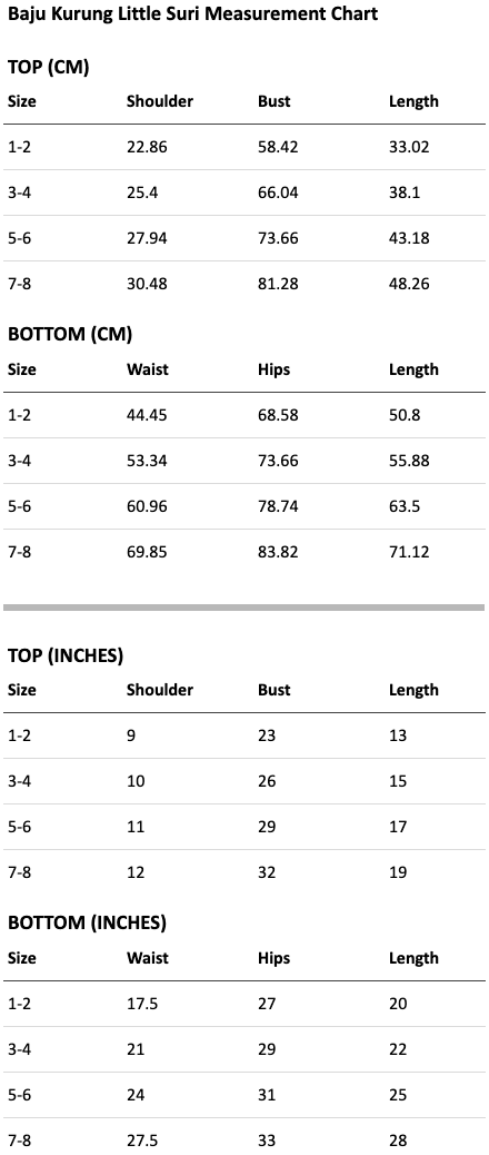 Size chart for Kurung Little Suri: Charming Little version of Kurung Kedah Suri