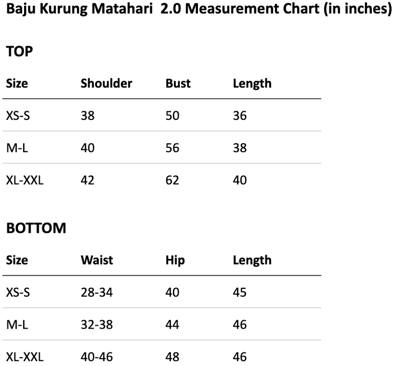 Size chart for Baju Kurung Matahari Gingham 2.0