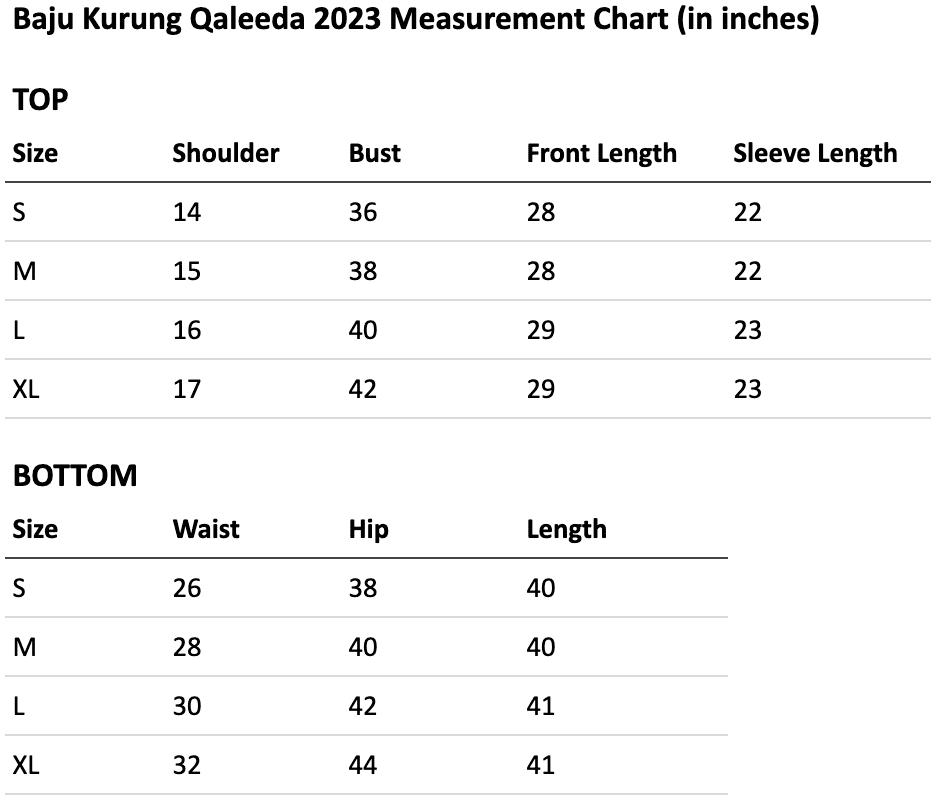 Size chart for Baju Kurung Qaleeda (Sage et blanc)
