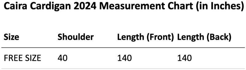 Size chart for Caira Cardigan by Nurture the Label (Solid Black)