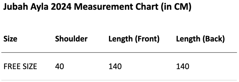 Size chart for Jubah Ayla by Nurture the Label (Rainbow)