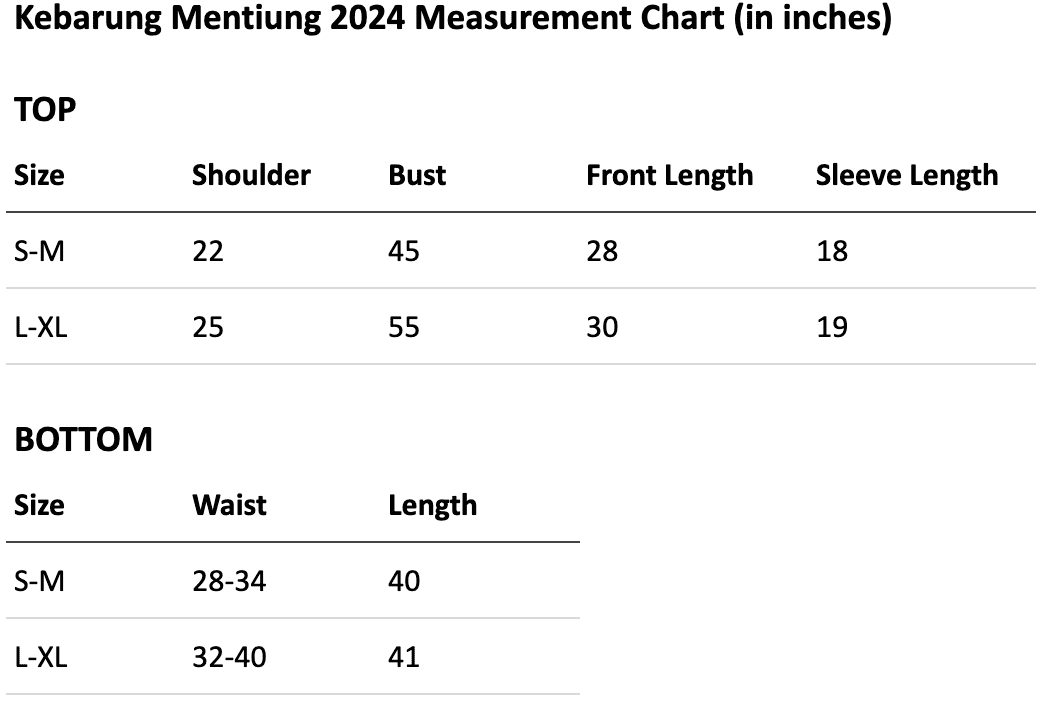 Size chart for Kebarung Mentiung in Ebony