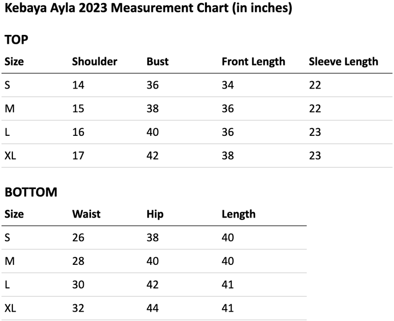 Size chart for Kebaya Ayla (in colour: Sky) Cotton Bloom Collection