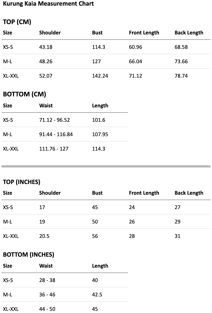 Size chart for Kaia Set in Grape Jelly