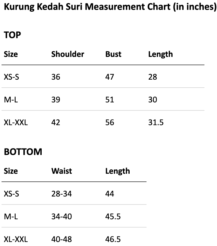 Size chart for Kurung Kedah Suri : A Modern Classic