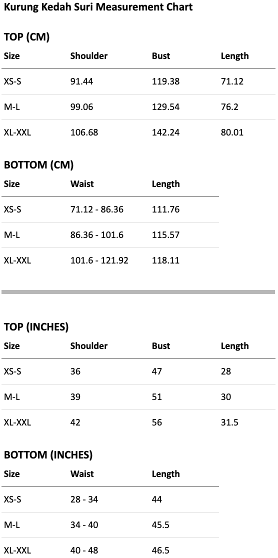 Size chart for Kurung Kedah Suri : A Modern Classic