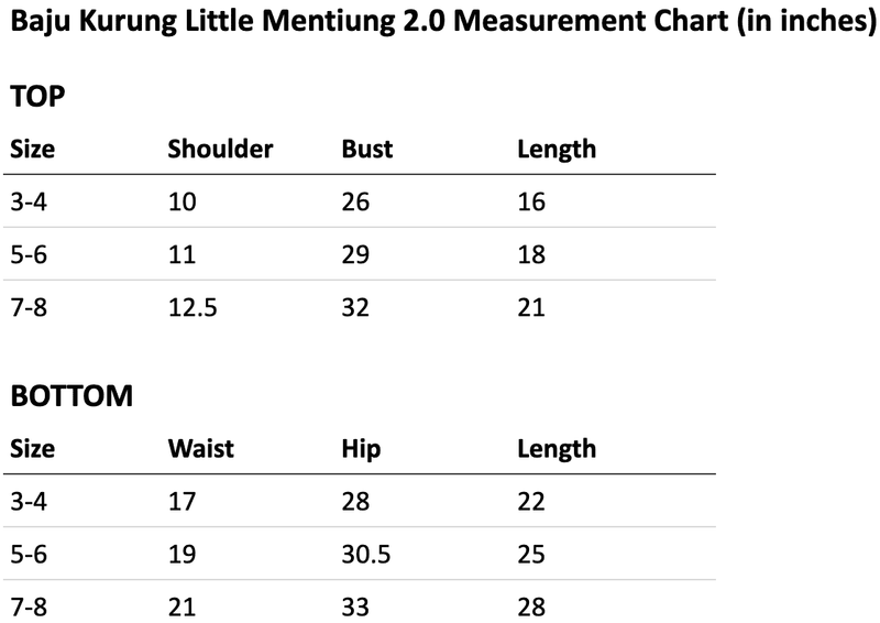 Size chart for Little Mentiung 2.0 Fully Embroidered Kurung for Kids