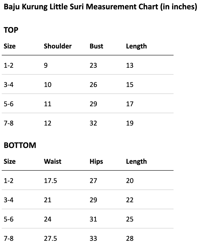 Size chart for Kurung Little Suri: Charming Little version of Kurung Kedah Suri