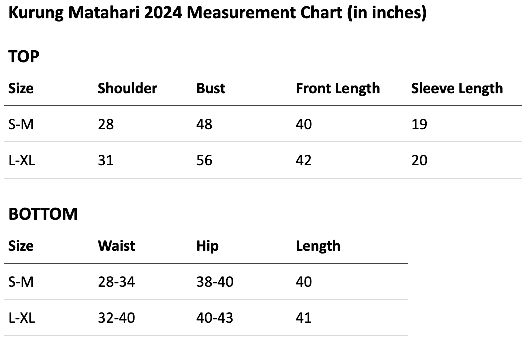 Size chart for Baju Kurung Matahari in Beige Gingham