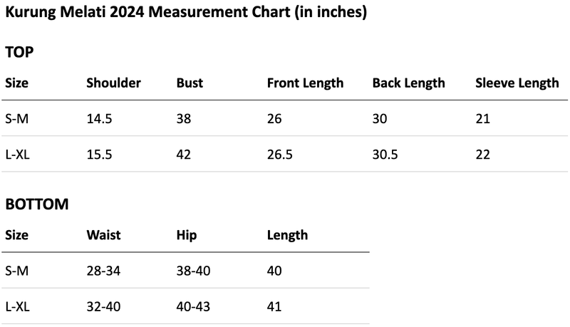 Size chart for Baju Kurung Melati in Ivory