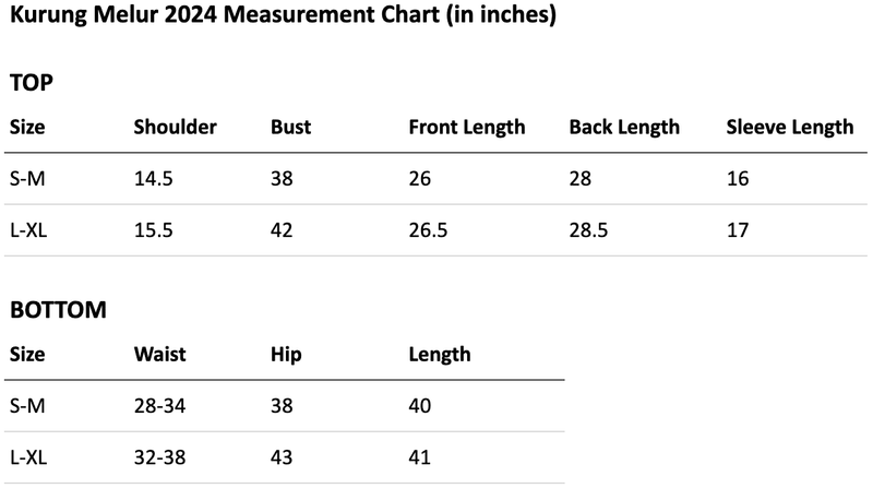 Size chart for Kurung Melur in Ivory White