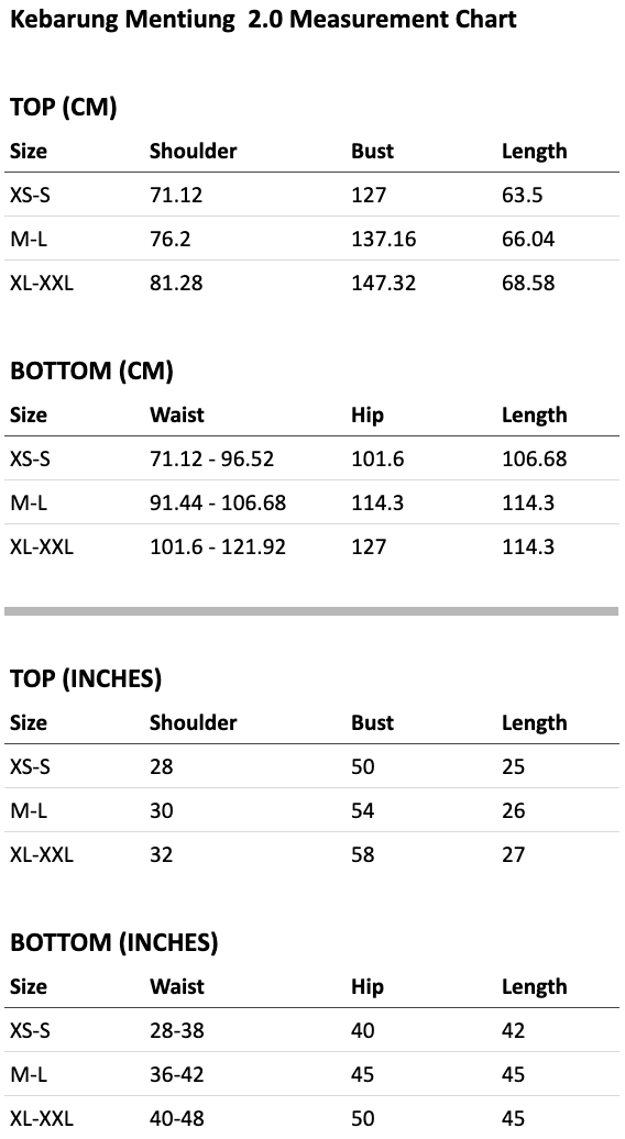 Size chart for Kebarung Mentiung 2.0