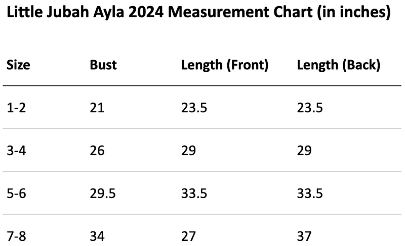 Size chart for Little Jubah Ayla By Nurture the Label (Aqua)