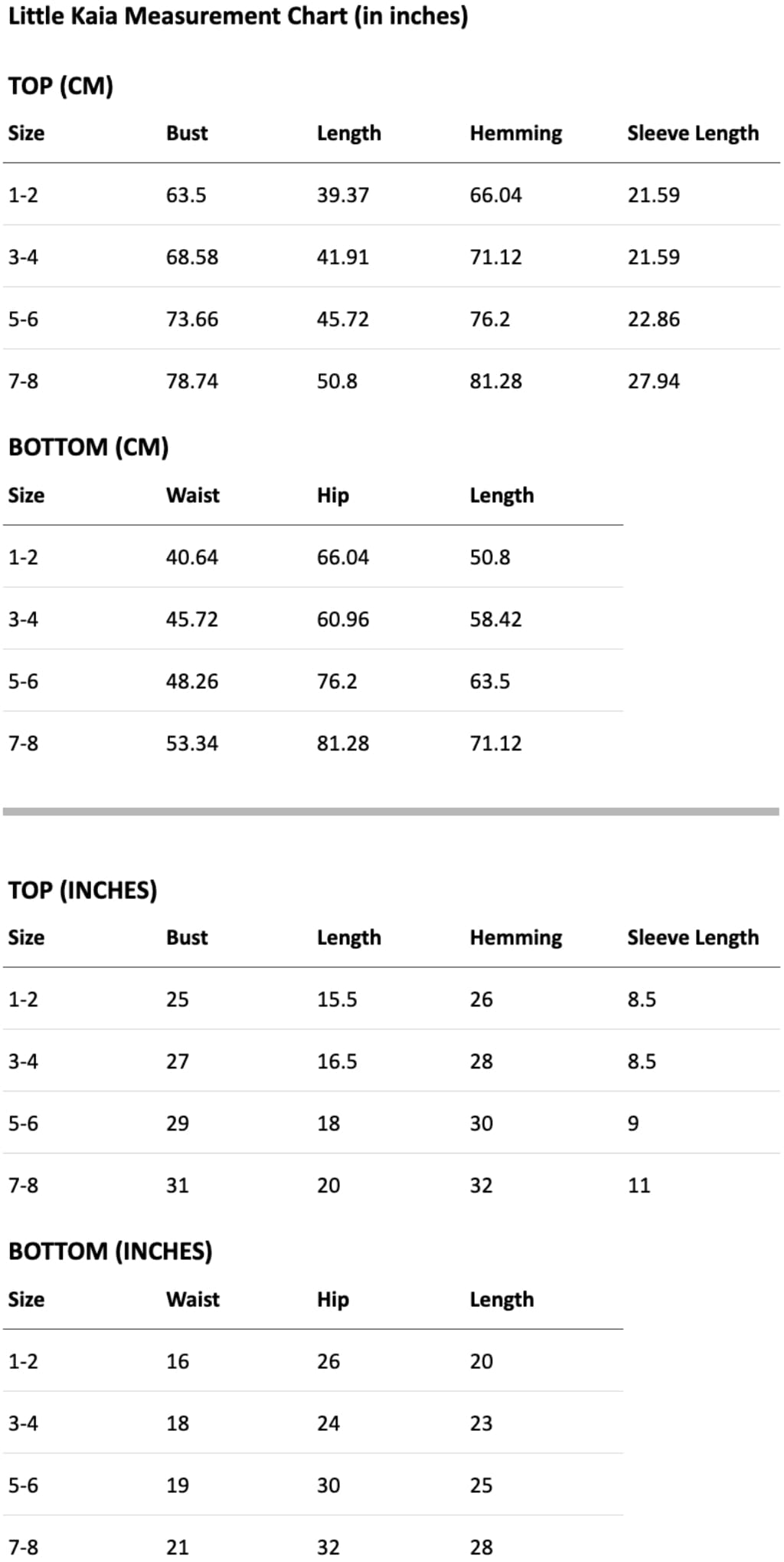 Size chart for Little Kaia Set in Matcha Crust