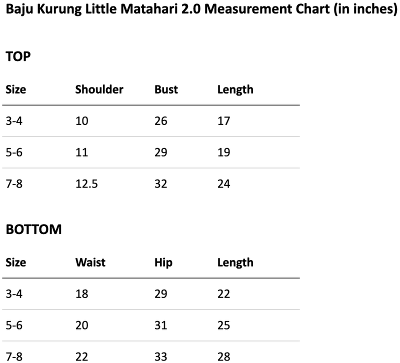 Size chart for Little Matahari 2.0 Kurung Gingham for Kids