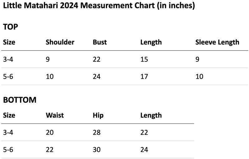 Size chart for Little Matahari in Blue Botanics