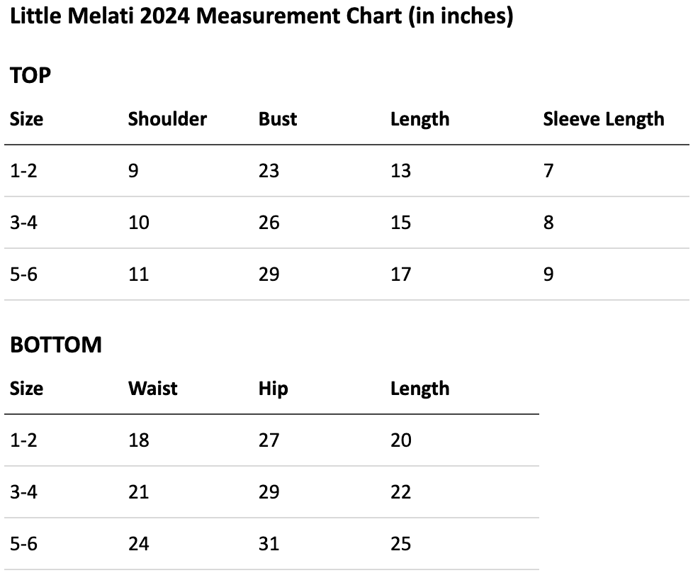 Size chart for Little Melati in Blush pink