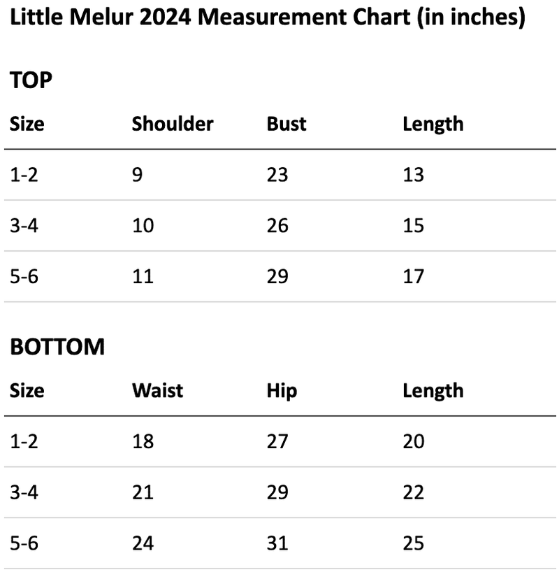 Size chart for Little Melur in Ivory