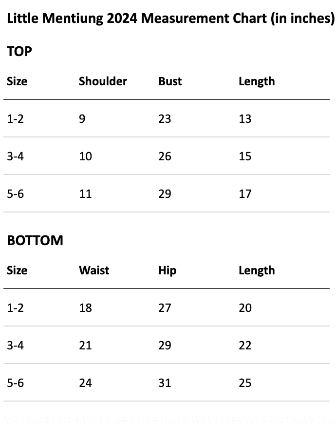 Size chart for Little Mentiung in Forest
