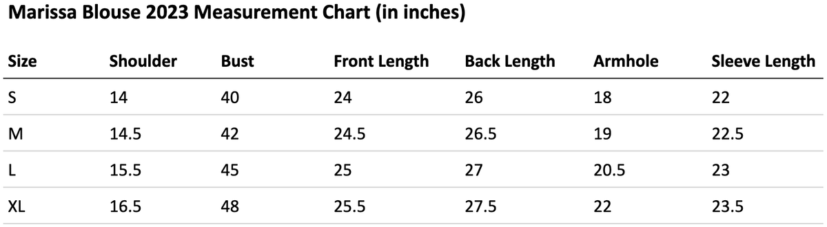 Size chart for Marissa Top (Floral Teal)