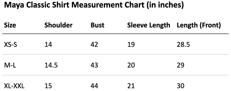 Size chart for Maya Shirt in Blue Paisley