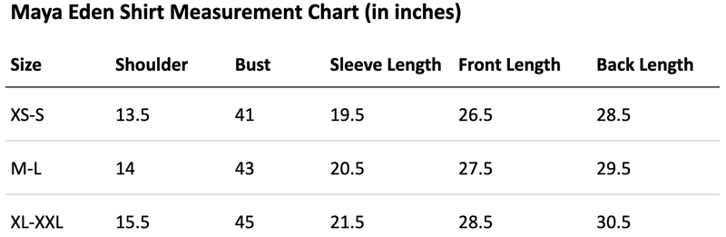 Size chart for Maya Wildflowers Women's Shirt