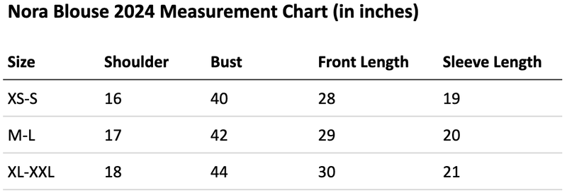 Size chart for Nora Embroidery Cotton Blouse